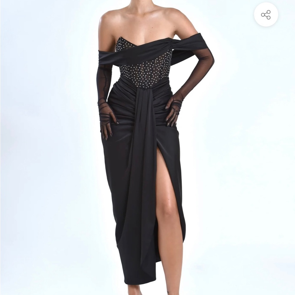 Miss Circle Stella Black Off Shoulder Crystal Corset Satin Gown Sz XL 12-14